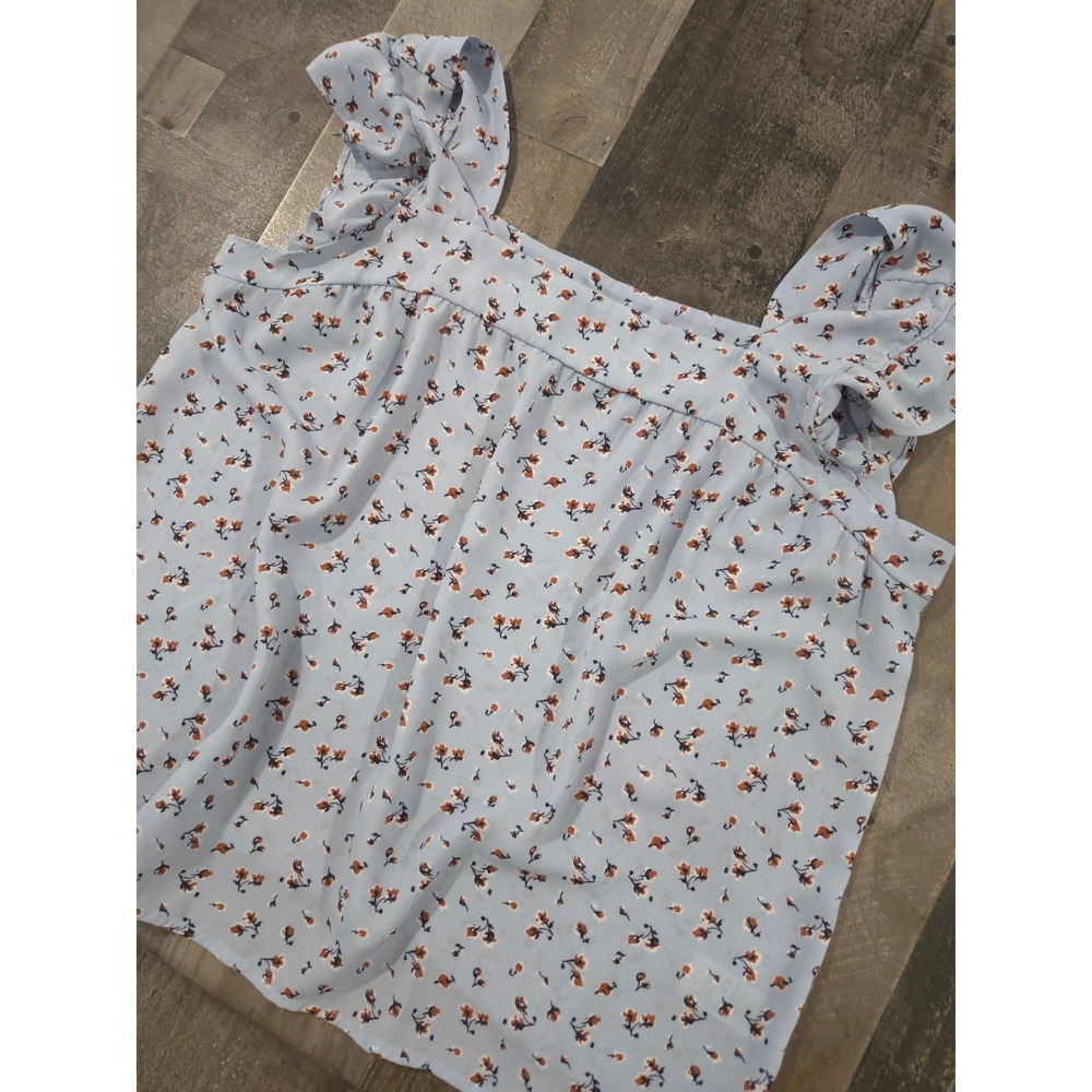 Pleione Ruffle Strap Tank Womens Med Blue Orange Ditsy Floral Square Neck Flowy